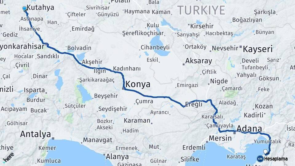 Kütahya Arsuz Hatay Arası Kaç Km - Yol Haritası