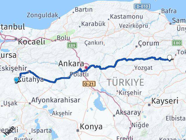 Kütahya Artova Tokat Arası Kaç Km - Yol Haritası