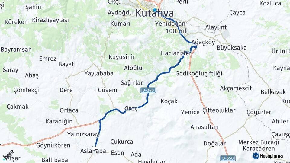 Kütahya Aslanapa Arası Kaç Km - Yol Haritası