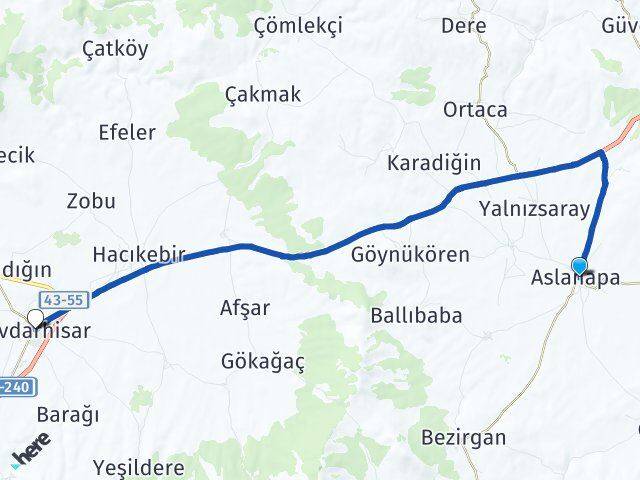 Kütahya Aslanapa Çavdarhisar Arası Kaç Km - Yol Haritası