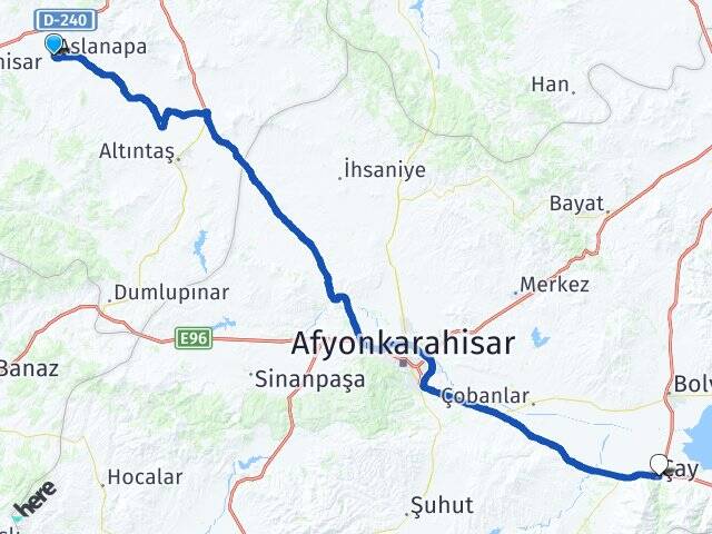Kütahya Aslanapa Çay Afyonkarahisar Arası Kaç Km - Yol Haritası