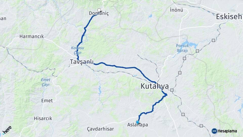 Kütahya Aslanapa Domaniç Arası Kaç Km - Yol Haritası
