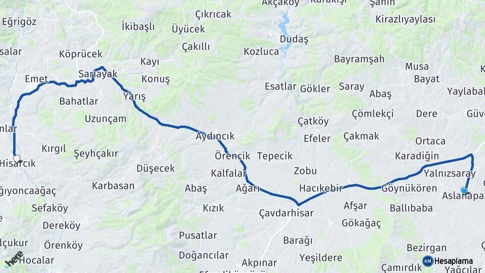 Kütahya Aslanapa Hisarcık Arası Kaç Km - Yol Haritası