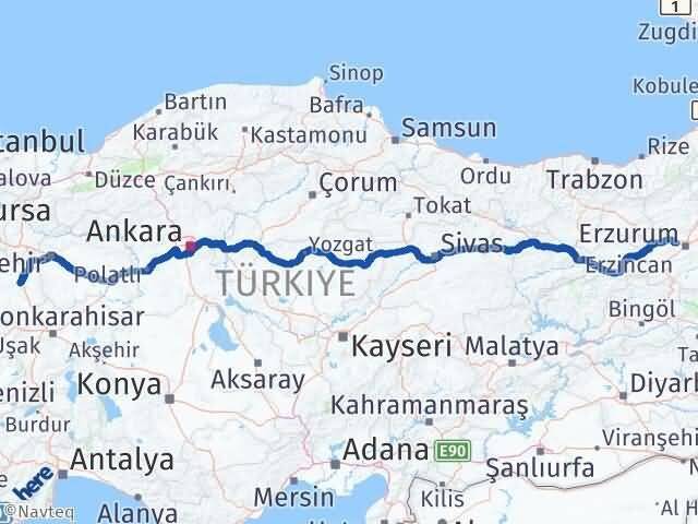 Kütahya Aziziye Erzurum Arası Kaç Km - Yol Haritası