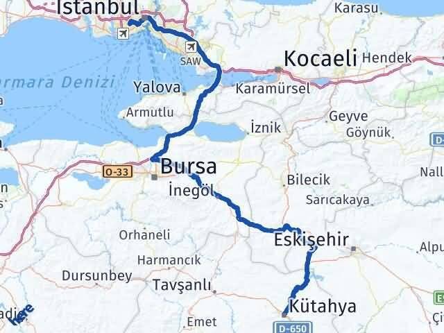 Kütahya Bağcılar İstanbul Arası Kaç Km - Yol Haritası