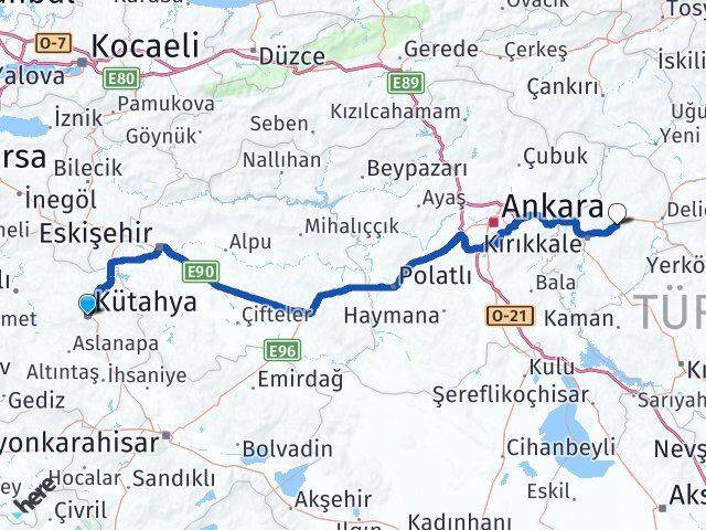 Kütahya Balışeyh Kırıkkale Arası Kaç Km - Yol Haritası