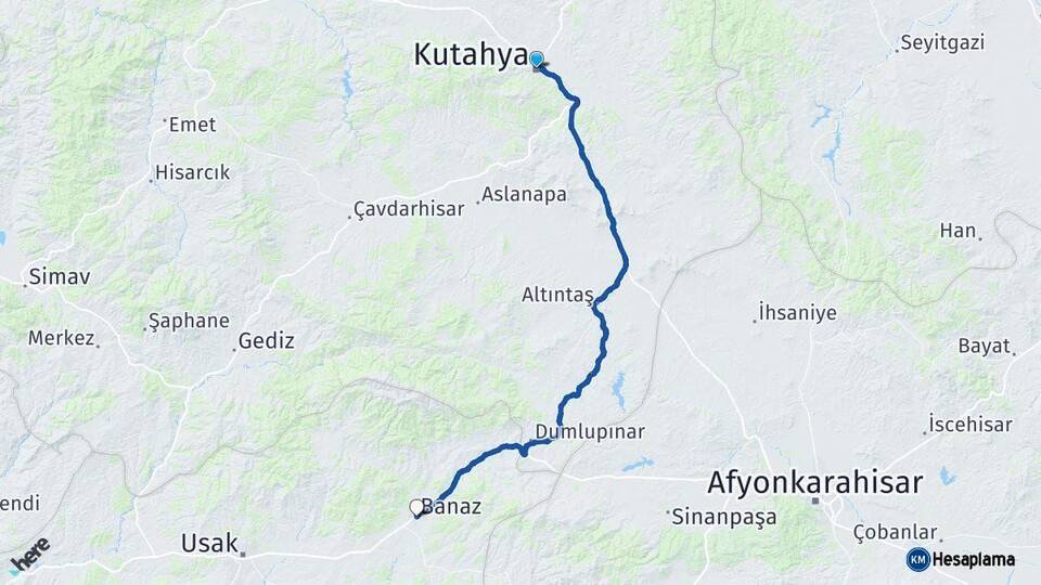 Kütahya Banaz Uşak Arası Kaç Km - Yol Haritası