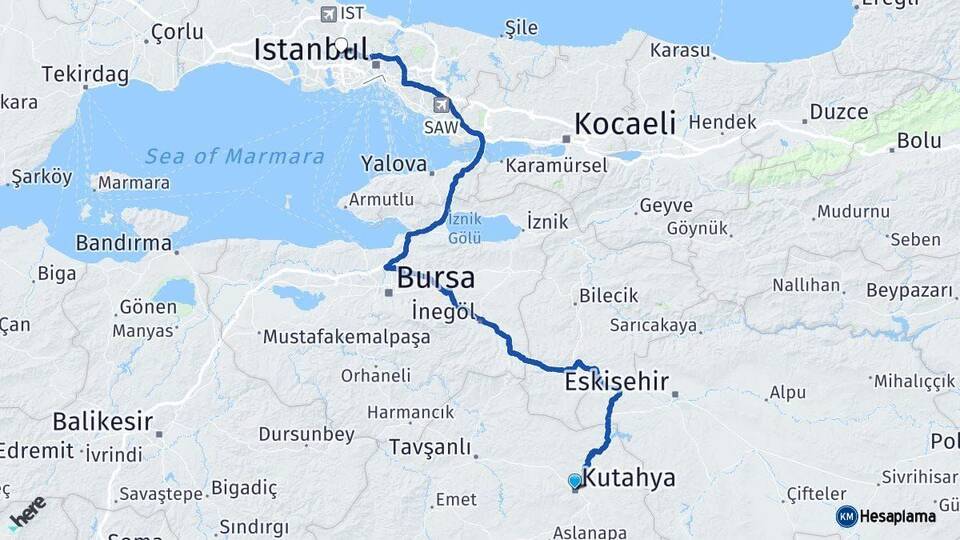 Kütahya Başakşehir İstanbul Arası Kaç Km - Yol Haritası
