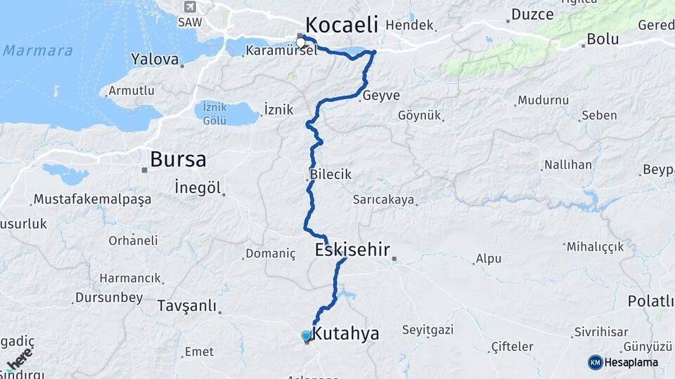 Kütahya Başiskele Kocaeli Arası Kaç Km - Yol Haritası
