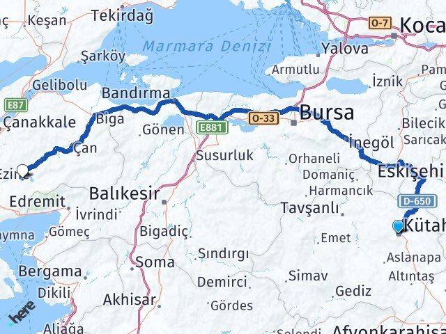 Kütahya Bayramiç Çanakkale Arası Kaç Km - Yol Haritası
