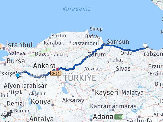 Kütahya Beşikdüzü Trabzon Arası Kaç Km - Yol Haritası