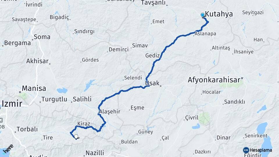 Kütahya Beydağ İzmir Arası Kaç Km - Yol Haritası