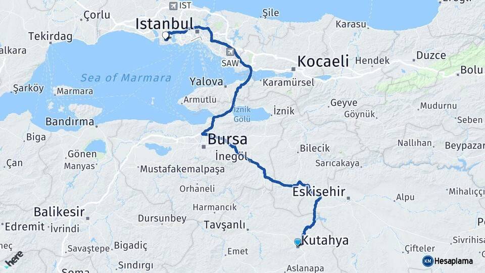 Kütahya Beylikdüzü İstanbul Arası Kaç Km - Yol Haritası