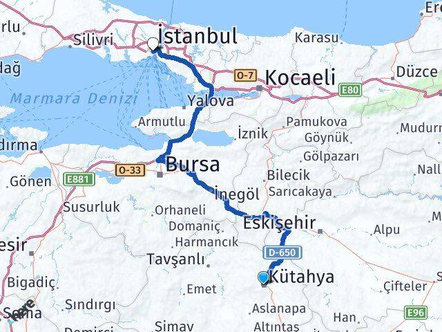 Kütahya Beyoğlu İstanbul Arası Kaç Km - Yol Haritası