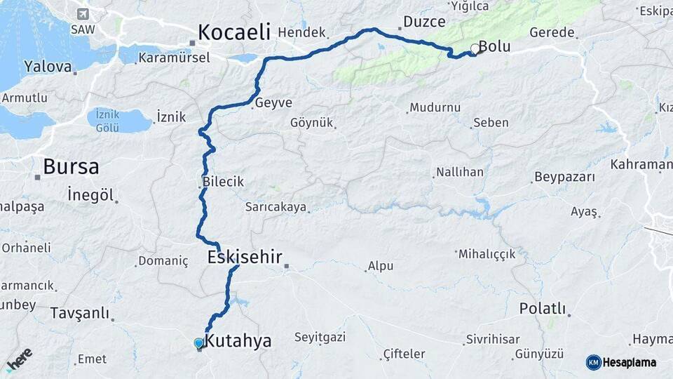 Kütahya Bolu Arası Kaç Km - Yol Haritası