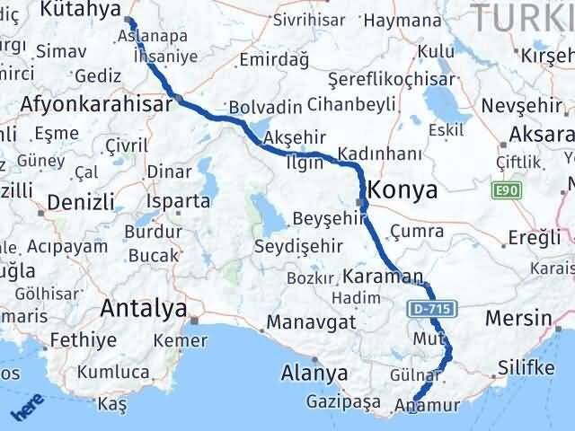 Kütahya Bozyazı Mersin Arası Kaç Km - Yol Haritası