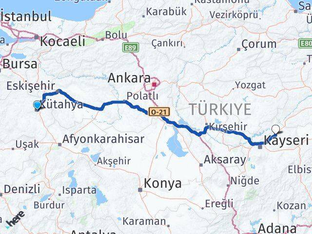 Kütahya Bünyan Kayseri Arası Kaç Km - Yol Haritası