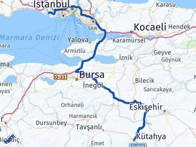 Kütahya Büyükçekmece İstanbul Arası Kaç Km - Yol Haritası