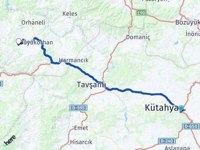Kütahya Büyükorhan Bursa Arası Kaç Km - Yol Haritası