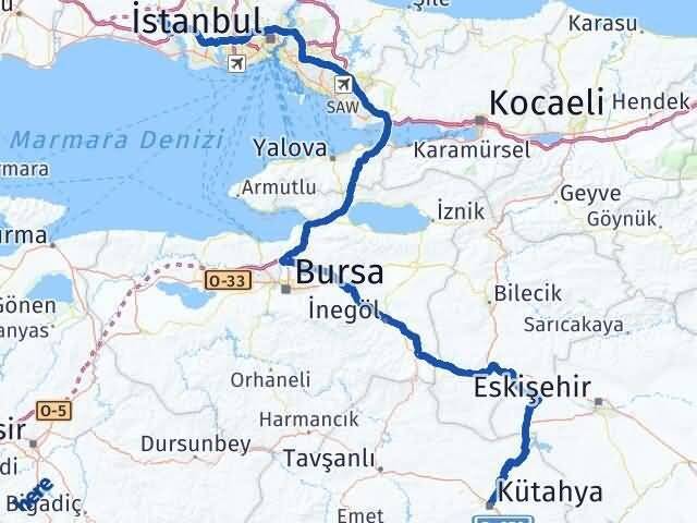 Kütahya Çatalca İstanbul Arası Kaç Km - Yol Haritası