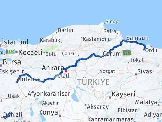 Kütahya Çatalpınar Ordu Arası Kaç Km - Yol Haritası