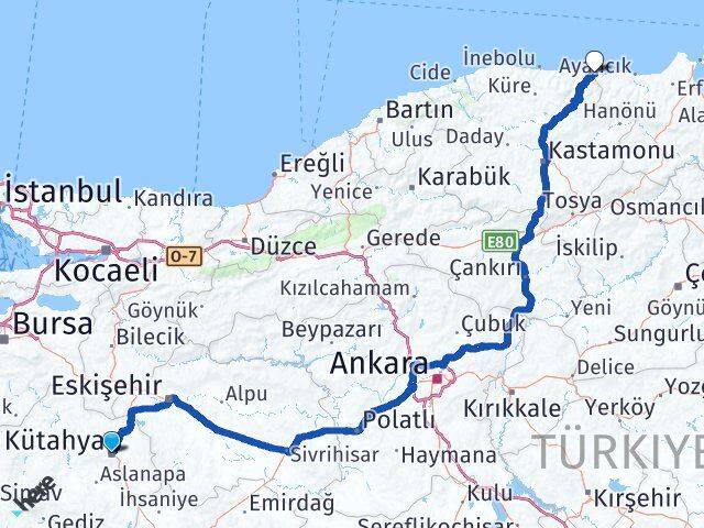 Kütahya Çatalzeytin Kastamonu Arası Kaç Km - Yol Haritası
