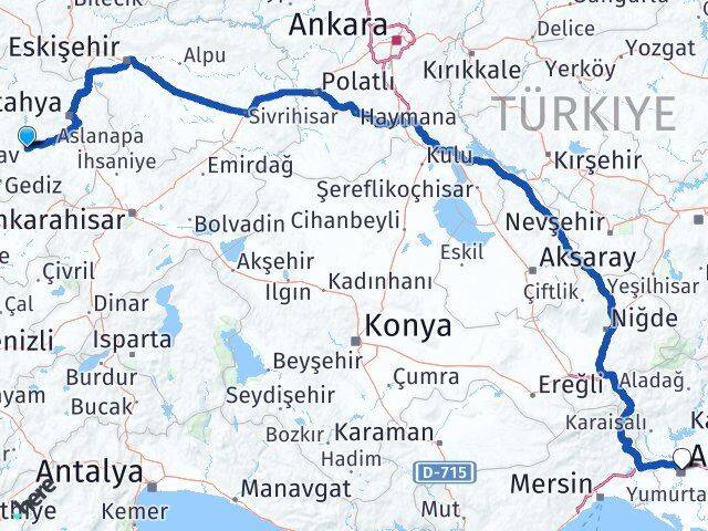 Kütahya Çavdarhisar Adana Arası Kaç Km - Yol Haritası