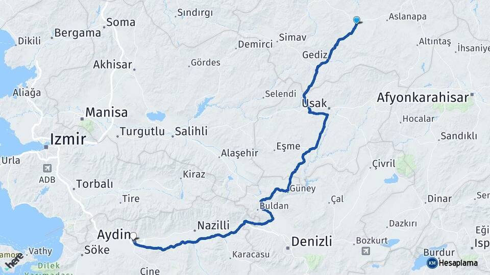 Kütahya Çavdarhisar Aydın Arası Kaç Km - Yol Haritası