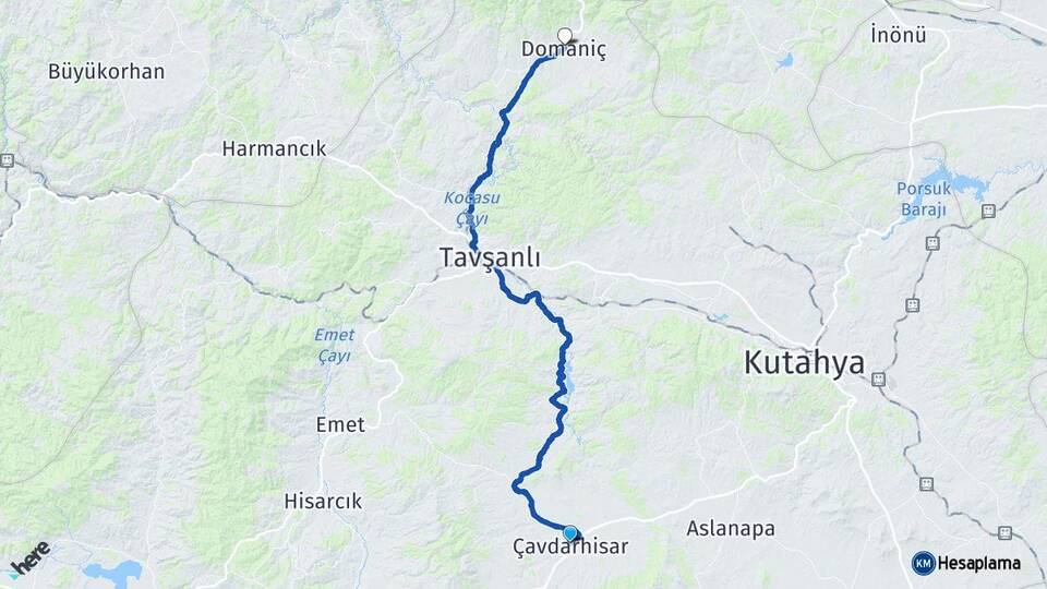 Kütahya Çavdarhisar Domaniç Arası Kaç Km - Yol Haritası