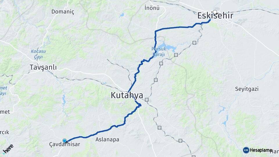 Kütahya Çavdarhisar Eskişehir Arası Kaç Km - Yol Haritası