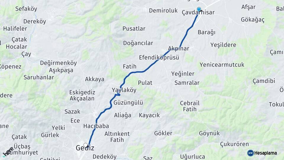 Kütahya Çavdarhisar Gediz Arası Kaç Km - Yol Haritası