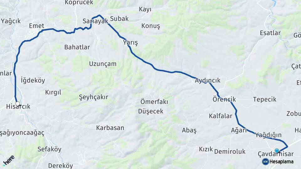 Kütahya Çavdarhisar Hisarcık Arası Kaç Km - Yol Haritası