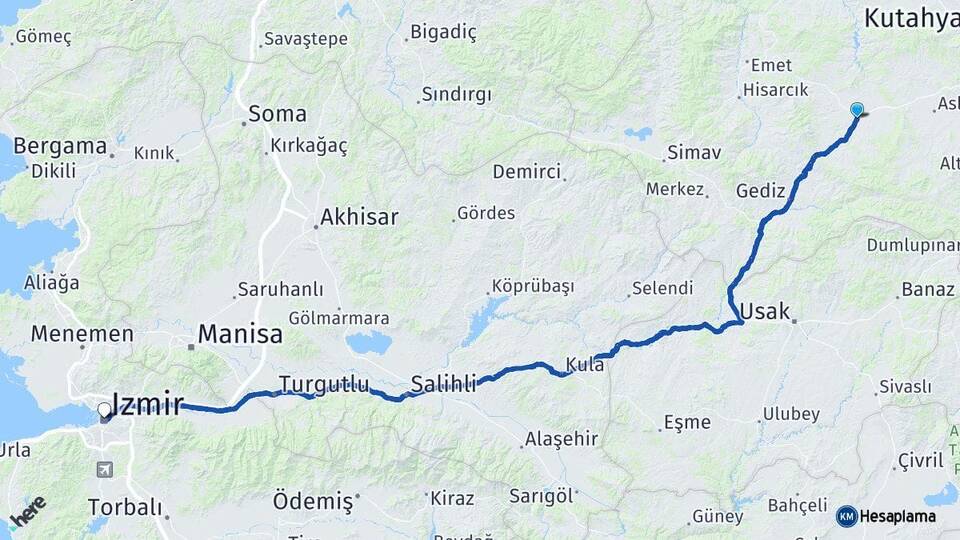 Kütahya Çavdarhisar İzmir Arası Kaç Km - Yol Haritası