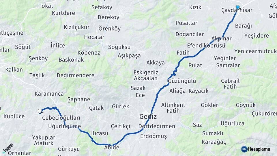 Kütahya Çavdarhisar Pazarlar Arası Kaç Km - Yol Haritası