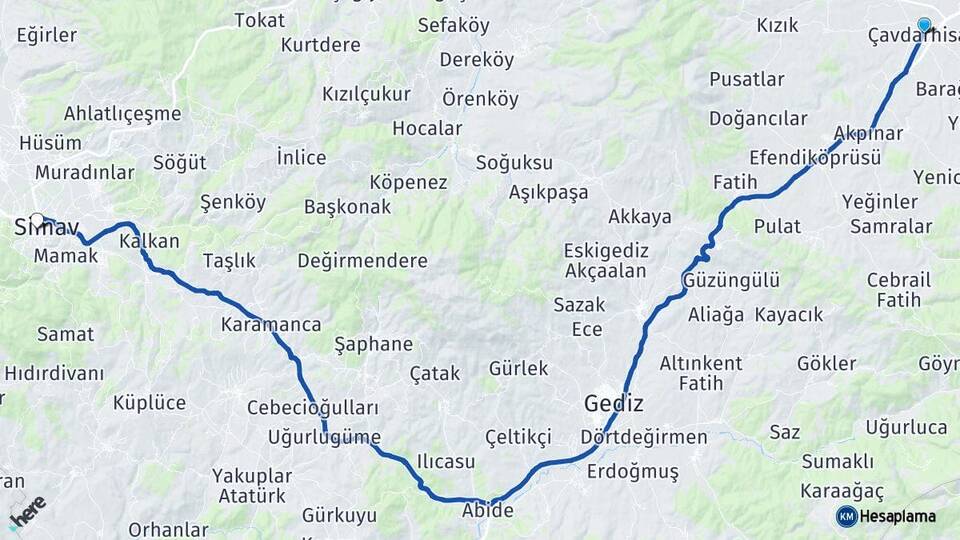 Kütahya Çavdarhisar Simav Arası Kaç Km - Yol Haritası