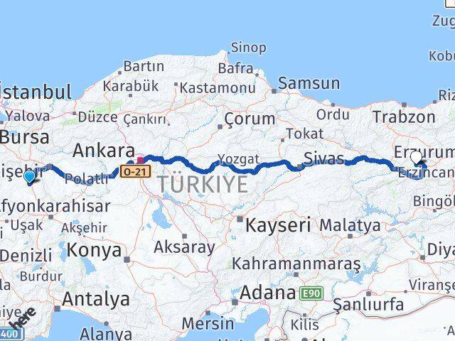 Kütahya Çayırlı Erzincan Arası Kaç Km - Yol Haritası