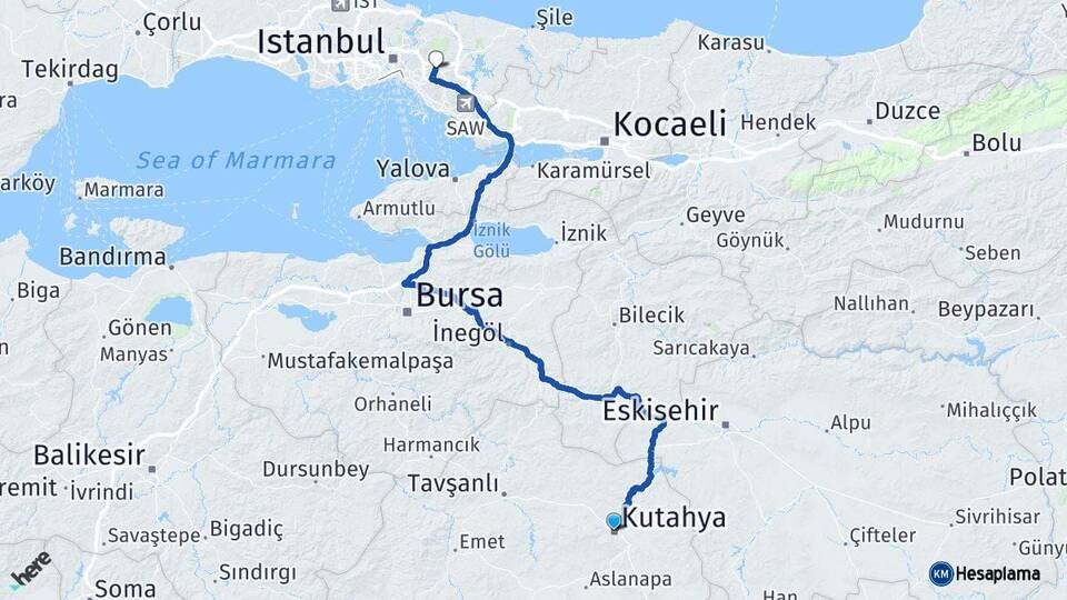 Kütahya Çekmeköy İstanbul Arası Kaç Km - Yol Haritası