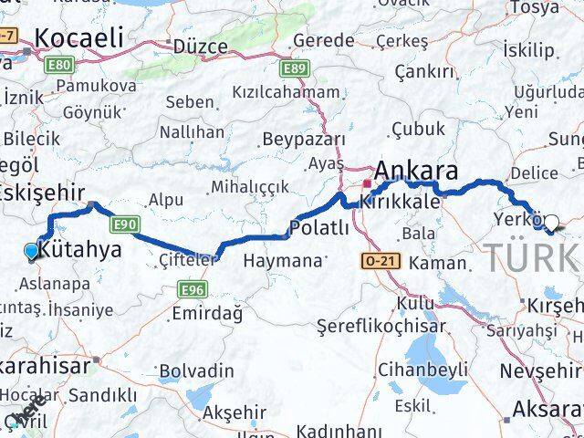 Kütahya Çiçekdağı Kırşehir Arası Kaç Km - Yol Haritası