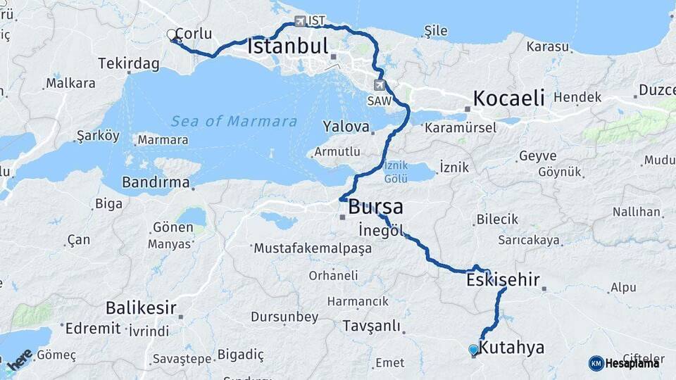 Kütahya Çorlu Tekirdağ Arası Kaç Km - Yol Haritası