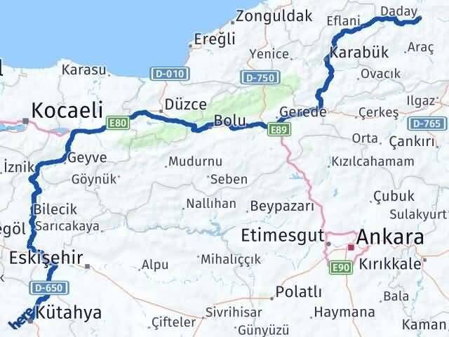 Kütahya Daday Kastamonu Arası Kaç Km - Yol Haritası