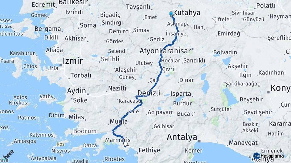 Kütahya Dalaman Muğla Arası Kaç Km - Yol Haritası