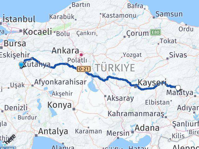 Kütahya Darende Malatya Arası Kaç Km - Yol Haritası