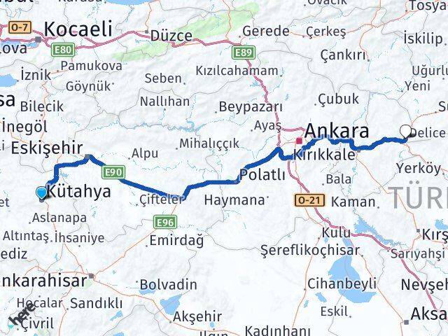 Kütahya Delice Kırıkkale Arası Kaç Km - Yol Haritası