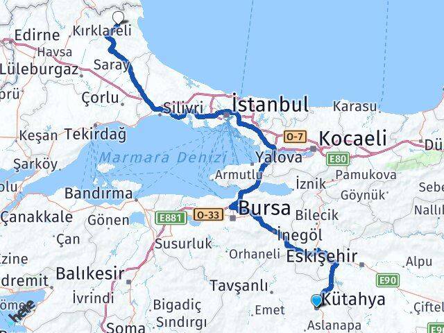 Kütahya Demirköy Kırklareli Arası Kaç Km - Yol Haritası