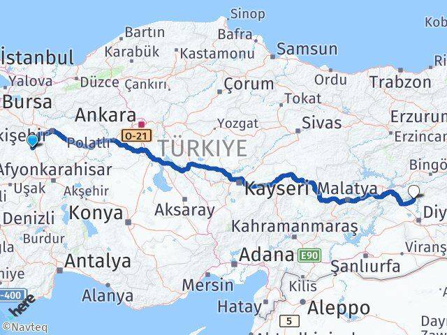 Kütahya Dicle Diyarbakır Arası Kaç Km - Yol Haritası