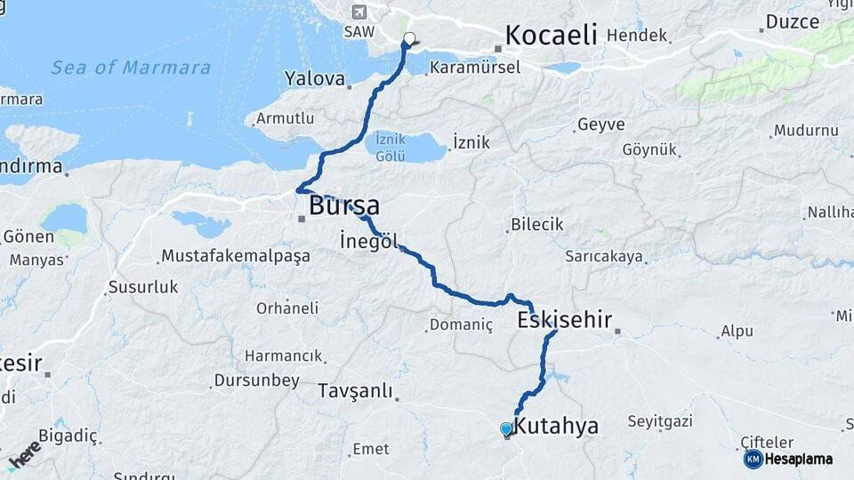 Kütahya Dilovası Kocaeli Arası Kaç Km - Yol Haritası