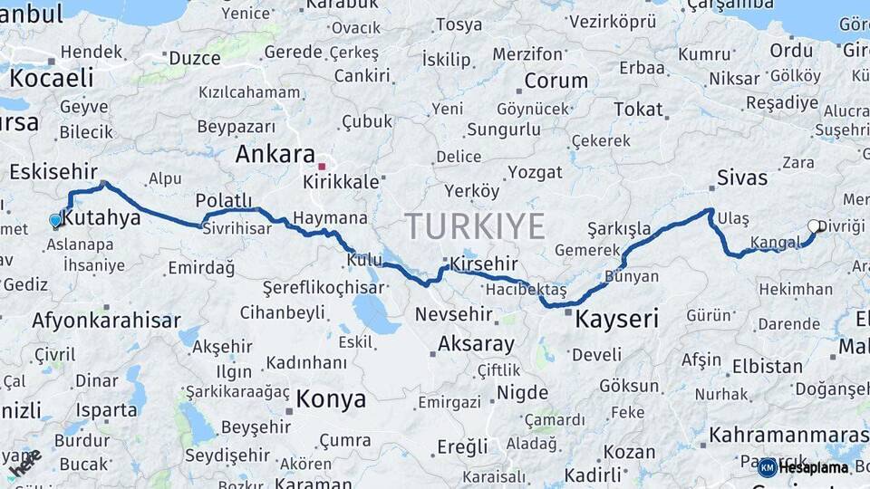Kütahya Divriği Sivas Arası Kaç Saat? Yol Haritası, Yakıt, Rota ve Mesafe Hesaplama Kütahya Divriği Sivas Arası Kaç Km? Kaç Saat? Yol Haritası