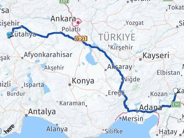 Kütahya Dulkadiroğlu Kahramanmaraş Arası Kaç Km - Yol Haritası