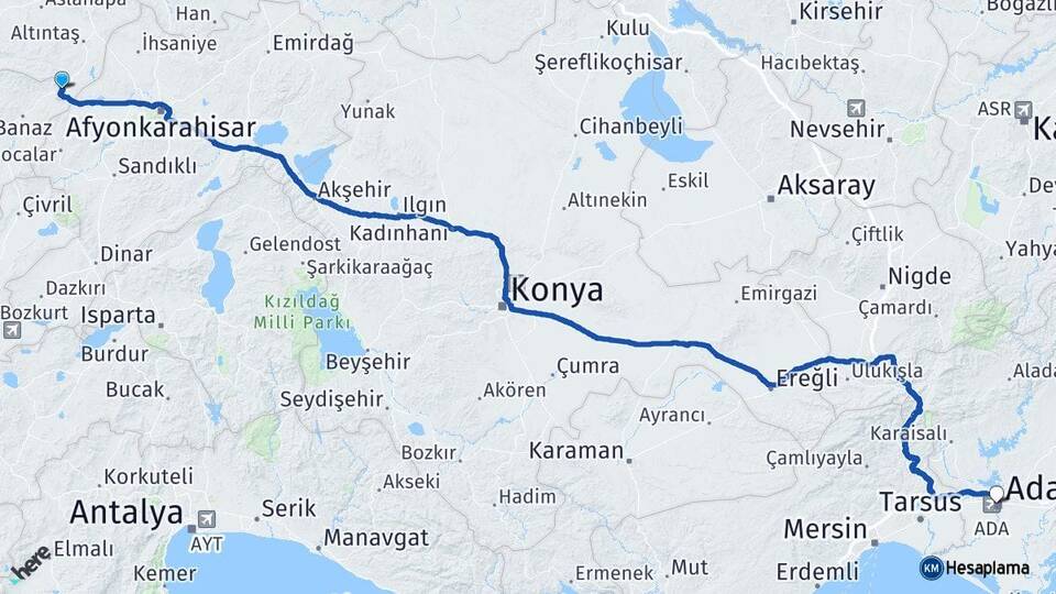 Kütahya Dumlupınar Adana Arası Kaç Km - Yol Haritası