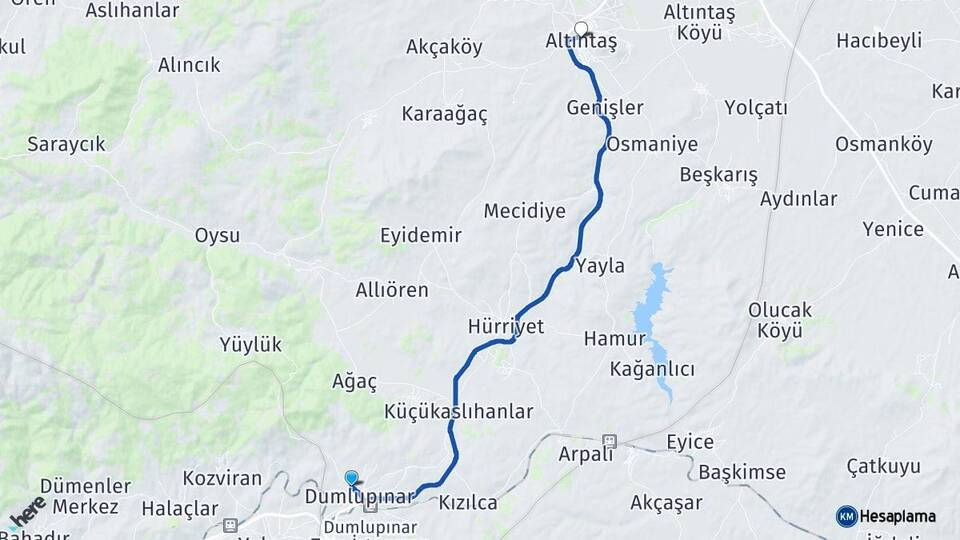 Kütahya Dumlupınar Altıntaş Arası Kaç Km - Yol Haritası